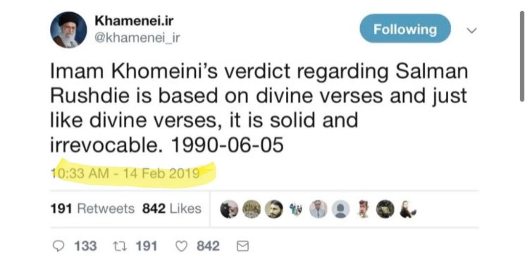 I have been saying this for years, but @twitter and other social media groups don’t seem to care. #BanKhamenei from social media. Him and his regime openly call for deaths of people like #SalmonRushdie.

Why is twitter giving a platform to rulers openly calling for terrorism?