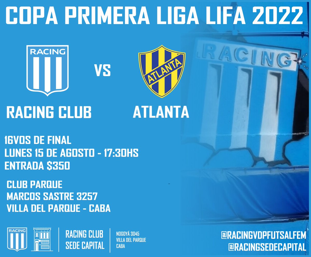 RacingVDPFutFem's tweet photo. ¡Lunes de copa!🏆🎓
Este lunes feriado a las 17:30hs, jugaremos ante @atlantaoficial por los 16vos de final de la Copa @primeraligaIFF 2022.
La cita es el Club Parque, Marcos Sastre 3257 - Villa del Parque - CABA.
¡Te esperamos para alentar al equipo!🎓💙
#Racing
#RacingVdP https://t.co/1MvVXRlIra