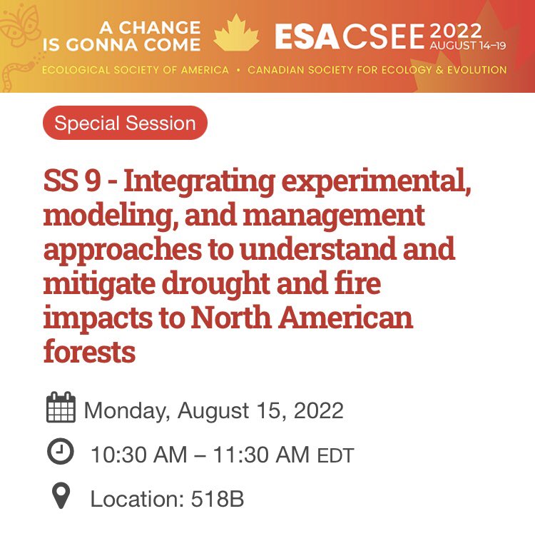 knbryant3's tweet photo. If you’re around #ESA2022 and are interested in #drought and #fire #forest impacts, come join our special session, Monday morning in 518B! 🌲🔥 https://t.co/3rKv0mabdl