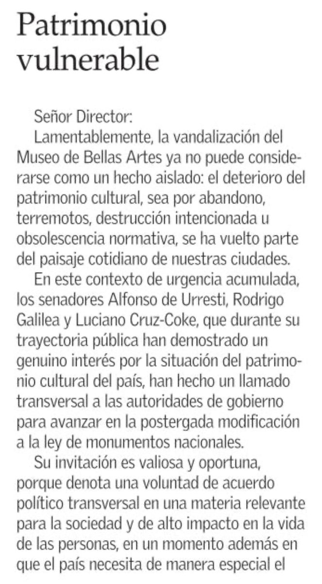 emiliodelacerda's tweet photo. Comparto carta de hoy en @ElMercurio_cl acerca de la vandalización del @MNBAChile y el valioso llamado transversal de los senadores @lcruzcoke @adeurresti @galilea_rodrigo para avanzar en ley de patrimonio cultural.
Es un tema urgente que no tolera más dilaciones injustificadas. https://t.co/sAemS5gwuP