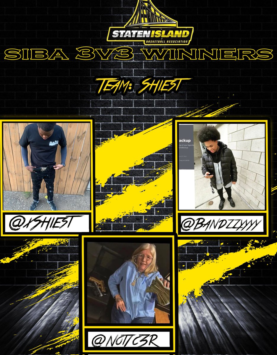 Shoutout to <a href="/xshiest/">🏦</a>, @bandzzyyyy, &amp; a random white lady I can't tag on winning the 1st ever 3v3 SIBA tournament! These boys just came in the discord and shut it down. $20 entry fee, $320 pot + an extra $20 from the commish. Looking forward to the next. 96 followers from 1k!