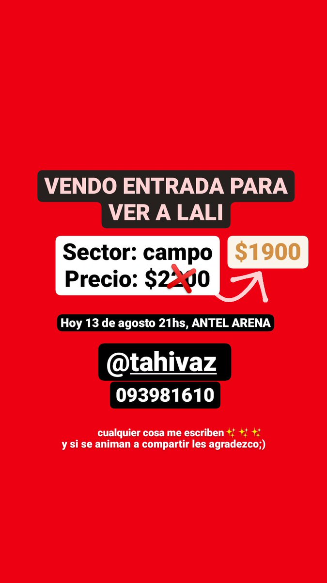 t4hev's tweet photo. Vendo entrada para LALI, concierto en Montevideo, Uruguay, HOY 13 de agosto

#lali #laliesposito #disciplinatour #laliuruguay https://t.co/Glb5yYAHBw