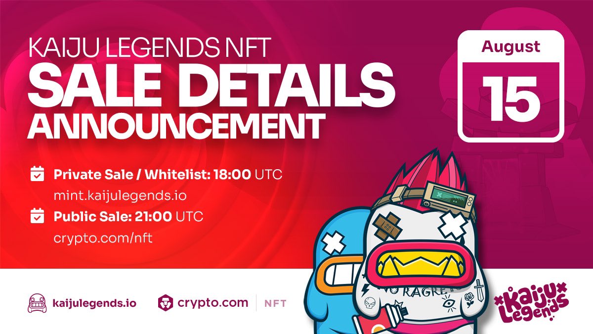 KaijuLegendsHQ's tweet photo. We are excited to announce our sale details in collaboration with @cryptocomNFT

Whitelist sale starts august 15th 6pm UTC on our website - https://t.co/24Od39EmZF
Public sale starts 9pm UTC on - https://t.co/4CKD8U6Mqq

Join discord for full details ⬇️ 
https://t.co/YcwkHgVggK https://t.co/NTFMeMorCR