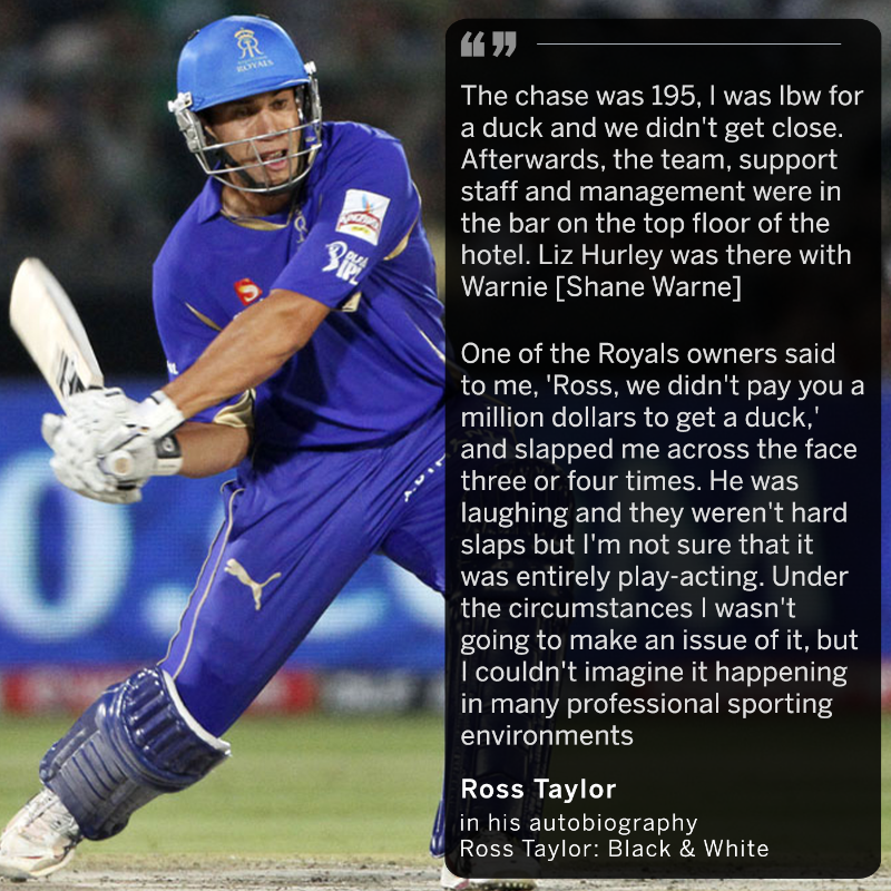 cricinfo's tweet photo. Former New Zealand batter Ross Taylor claims he was "slapped" by one of the owners of the Rajasthan Royals franchise during the 2011 season of the IPL