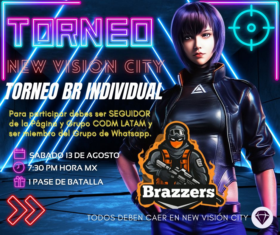 🔥HOY TORNEO 🔥 TODOS A NEW VISIÓN CITY 

✨DINÁMICA ✨

✅Entrar al Grupo de WHATSAPP ⬇️
chat.whatsapp.com/Gd6i6A5MgogGVT…

⚠️REGLAS⚠️
🔆GANA EL QUE HAGA MÁS BAJAS
🔆CAER TODOS EN NEW VISIÓN CITY
🔆NO CAMPEAR NO HACER EQUIPO
🔆NO TANQUE
🔆NO MAQUINA DE GUERRA

🔥QUE GANE EL MEJOR 🔥