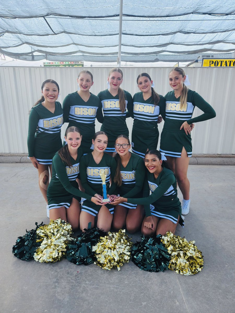 CCBisonCheer's tweet photo. We went to the Chase County Fair Cheer and Dance Competition today! We left with lemonade 🍋, ice cream 🍦, and a first place trophy 🥇 🏆 !   💚💛 https://t.co/h6tEwksPFl