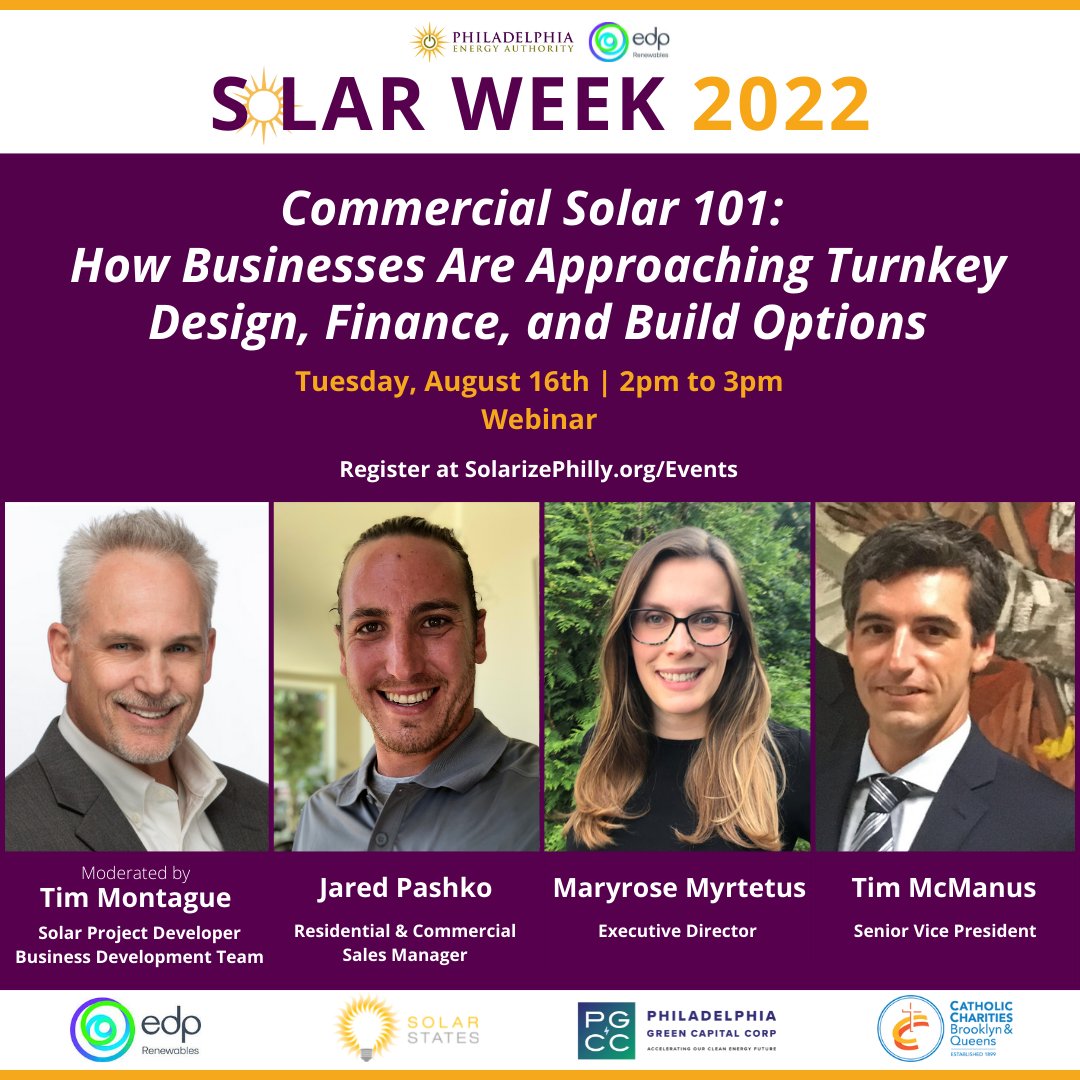 philaenergy's tweet photo. Reminder: Join our #SolarWeekPHL Commercial Solar 101 panel tomorrow, 8/16 2-3pm, moderated by Tim Montague from @EdpRenewables, with Jared Pashko from @SolarStates, Maryrose Myrtetus from @PhillyGreenCap, & Tim McManus from @CathCharitiesBQ. Sign up at https://t.co/Gt5MmGxBBG βοΈ https://t.co/uaSyNkBmZp