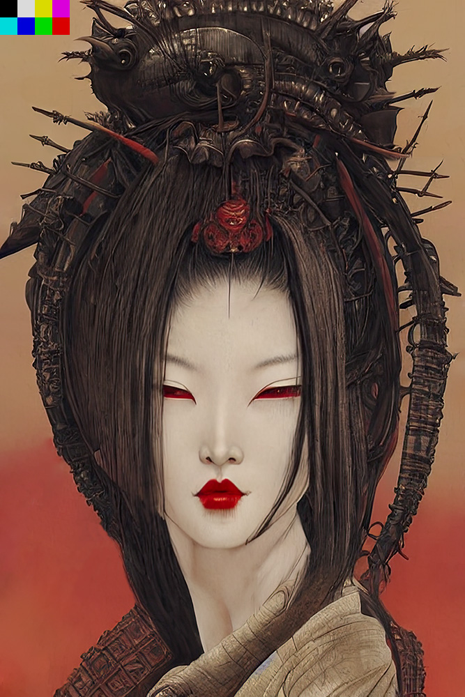 "Dreadlocks Geisha"

#art #aiart #nftart #digitalart #darkfantasy #aiartcommunity #stablediffusion #fantasyart #generativeart #neonihonga #geisha #geishaart #witch
