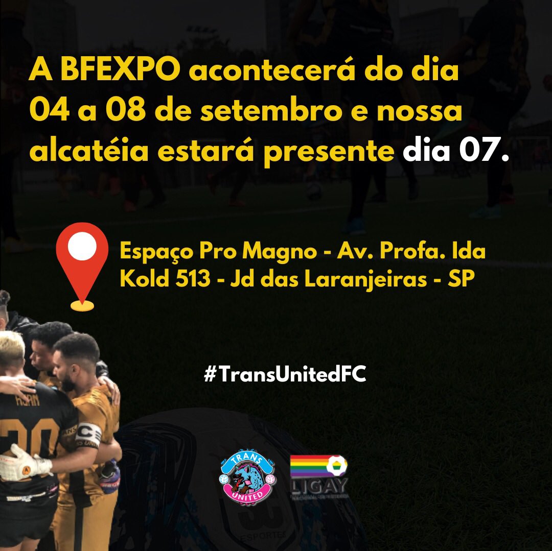 transunitedfc's tweet photo. Fala alcatéia estaremos presentes esse ano na BFEXPO 2022. Nossos atletas estarão na maior feira de futebol da América Latina e competirão em um jogo super inclusivo! 
🏳️‍⚧️🏳️‍🌈 
Nos vemos dia 07 de Setembro, São Paulo.
#TransUnitedFC https://t.co/tJTGjIXJOL