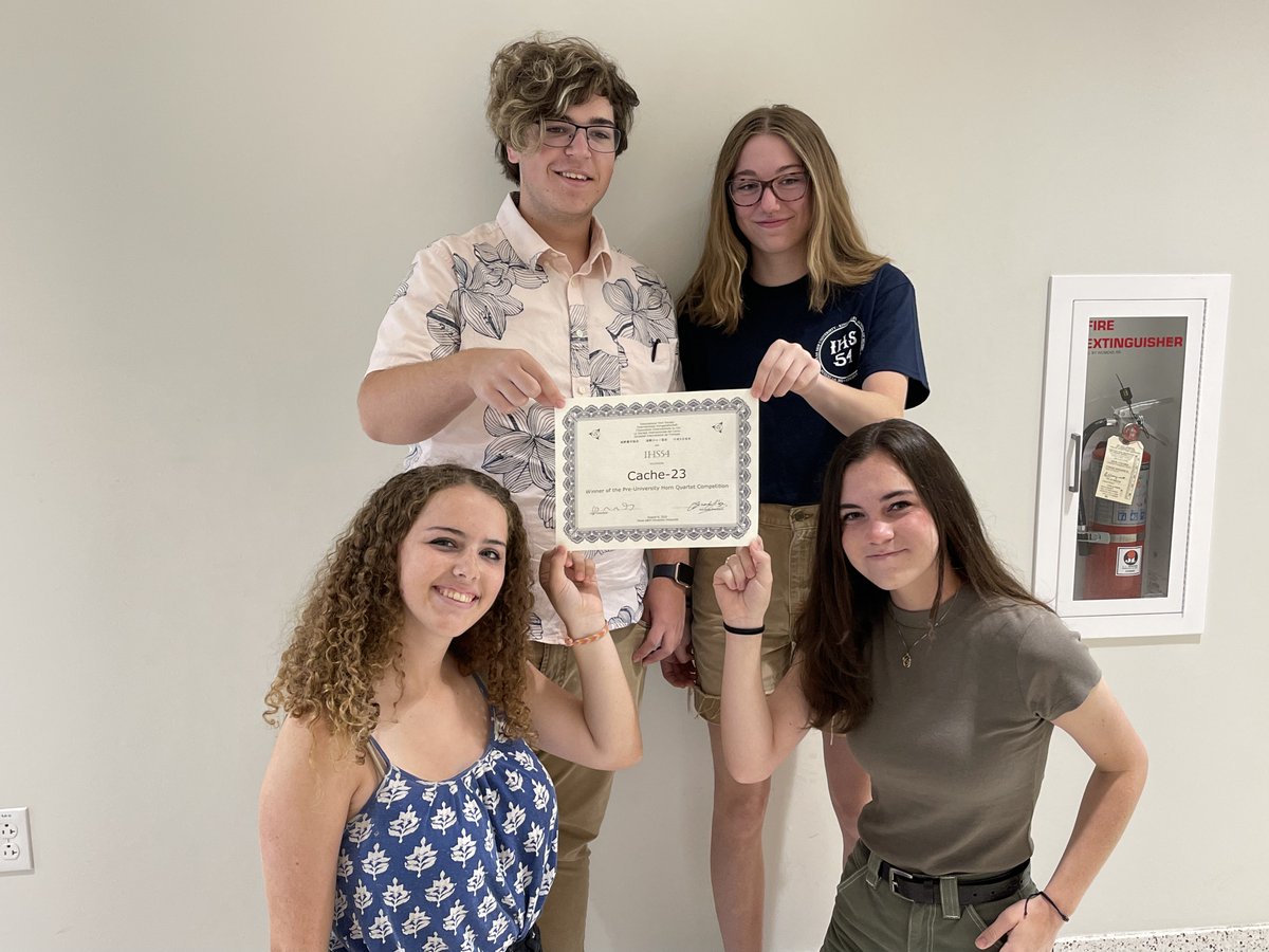 LTCavBand's tweet photo. Congrats to the winner of the International Horn Society Youth Days Pre-University Horn Quartet Competition, Cache-23! Quartet consisted of LTHS band students: Ciara, Aerin, Caitlin, and Hailey, and directed by Ms. Kane. #ihs54 #ihs2022 #hornquartet #laketravisisd #texasaandm https://t.co/CQ5bYzHR4D