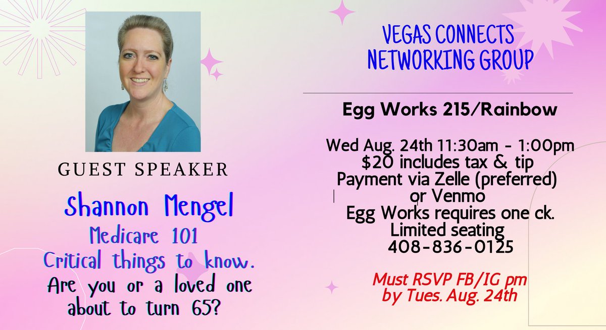 JilsJewels's tweet photo. Looking forward to Vegas Connects next lunch meeting Aug 24th with our Guest Speaker and Medicare advocate, Shannon Mengel, Seniors Come First- Agent/Field Underwriter. https://t.co/8SsDRMlfS9