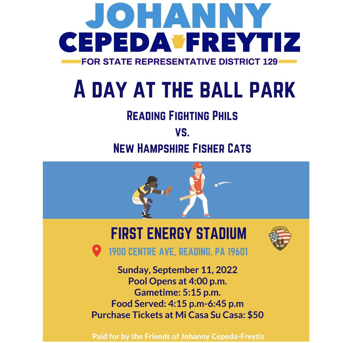 We invite you to join us on our “Day at the Ball Park” event at the First Energy Stadium on September 11th! Tickets can be purchased at Mi Casa Su Casa at 320 Penn St. Reading, PA