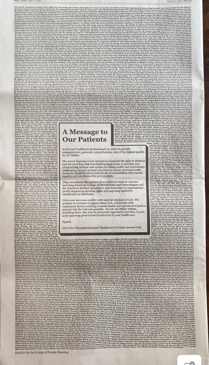 caraheuser's tweet photo. And finally, over 1000+ health care professionals support abortion rights and oppose legislative interference in healthcare #AbortionIsHealthcare #utahpolitics @MySMFM @ACOGAction https://t.co/ZiYktvw3lc