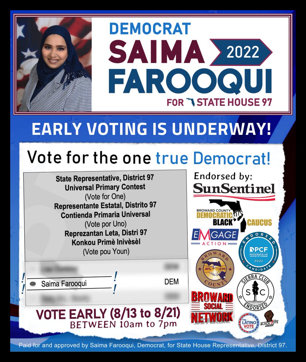 SaimaForFL97's tweet photo. Today until the 21st, Early Voting is underway! Remember to make your voice heard and use our most important tool to do so, the vote. Our democracy is not guaranteed and we have to cherish it by voting. https://t.co/2j8sJ6nxy5