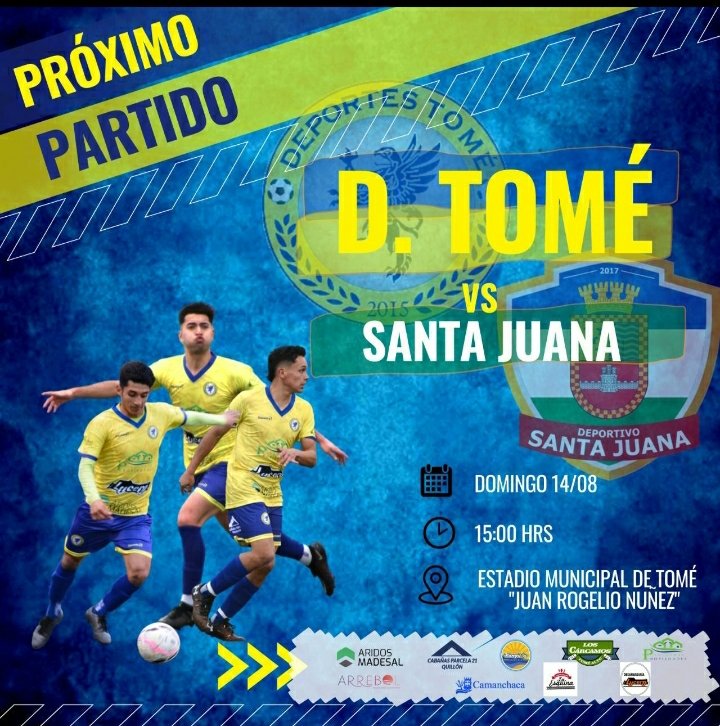 DEPORTESTOME's tweet photo. Mañana domingo 15:00 hrs
Estadio Municipal de Tomé 
¡Vamos Tomé, vamos por los tres puntos!
#Tomé #futbolamateur #futbolistas https://t.co/ynpaYCoyOs