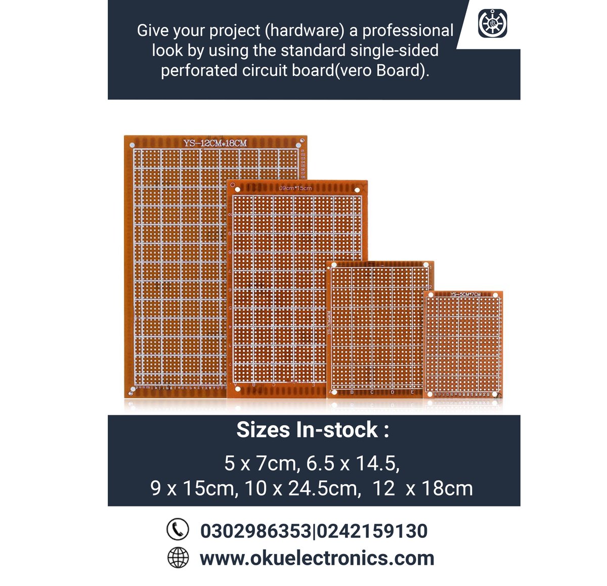 oku_electronics's tweet photo. Give your project(hardware) a professional look by using the standard single-sided perforated circuit board (Vero Board)
Size In-stock
5 x 7cm, 6.5 x 14.5cm, 9 x 15cm, 10 x24.5cm,  12 x 18cm 
https://t.co/hu3lRnDK9X https://t.co/Rsr9L6JoEU