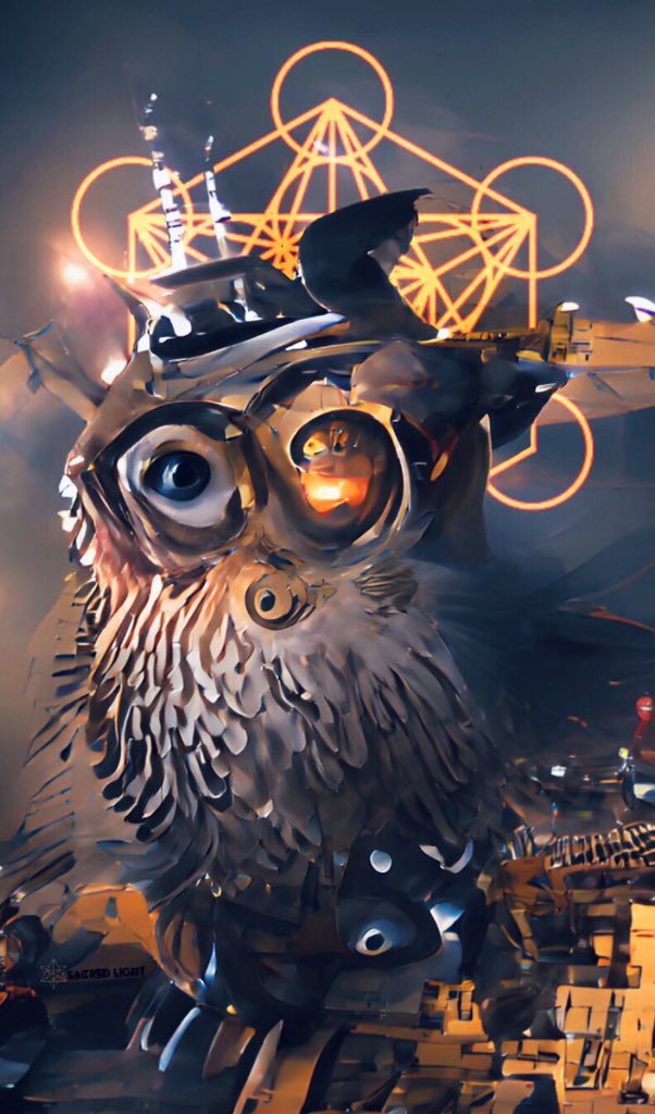 Cydenime's tweet photo. 🦉 Owl collection is out on @objktcom Go give me a follow! 

#owl #tezos #tezosnft #nft #nftart #aiart #ai #metatron #floweroflife #sacredgeometry #ascension #blockchain #crypto #web3 #metaverse #love @secreteachings 🔺 https://t.co/naUFqY7j4e