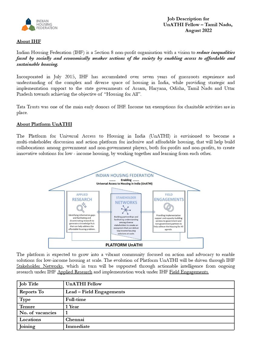 HousingFed_IN's tweet photo. We are #hiring at IHF!

If you are interested in urban #affordablehousing, committed to #socialimpact and willing to learn from #immersive experiences, apply for the position of UnATHI Fellow - Tamil Nadu.
 
Apply by: 21 August 2022.
Visit: https://t.co/Y79zBDDvqt

Details below! https://t.co/pNzWE3ZvhA