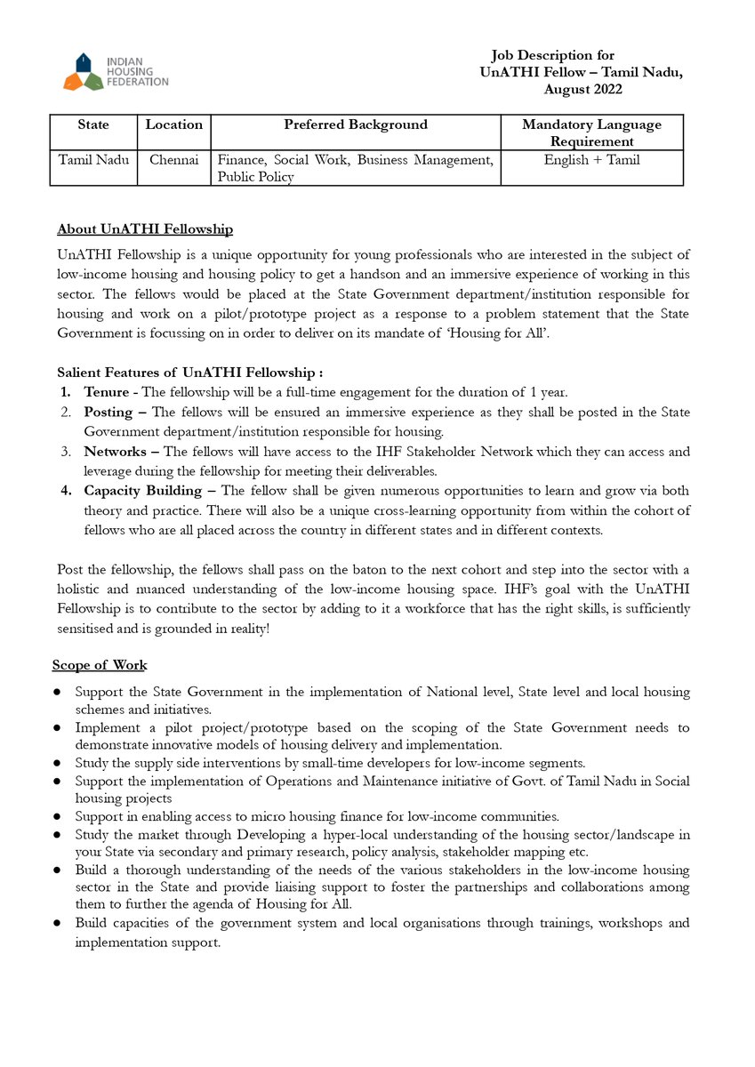 HousingFed_IN's tweet photo. We are #hiring at IHF!

If you are interested in urban #affordablehousing, committed to #socialimpact and willing to learn from #immersive experiences, apply for the position of UnATHI Fellow - Tamil Nadu.
 
Apply by: 21 August 2022.
Visit: https://t.co/Y79zBDDvqt

Details below! https://t.co/pNzWE3ZvhA