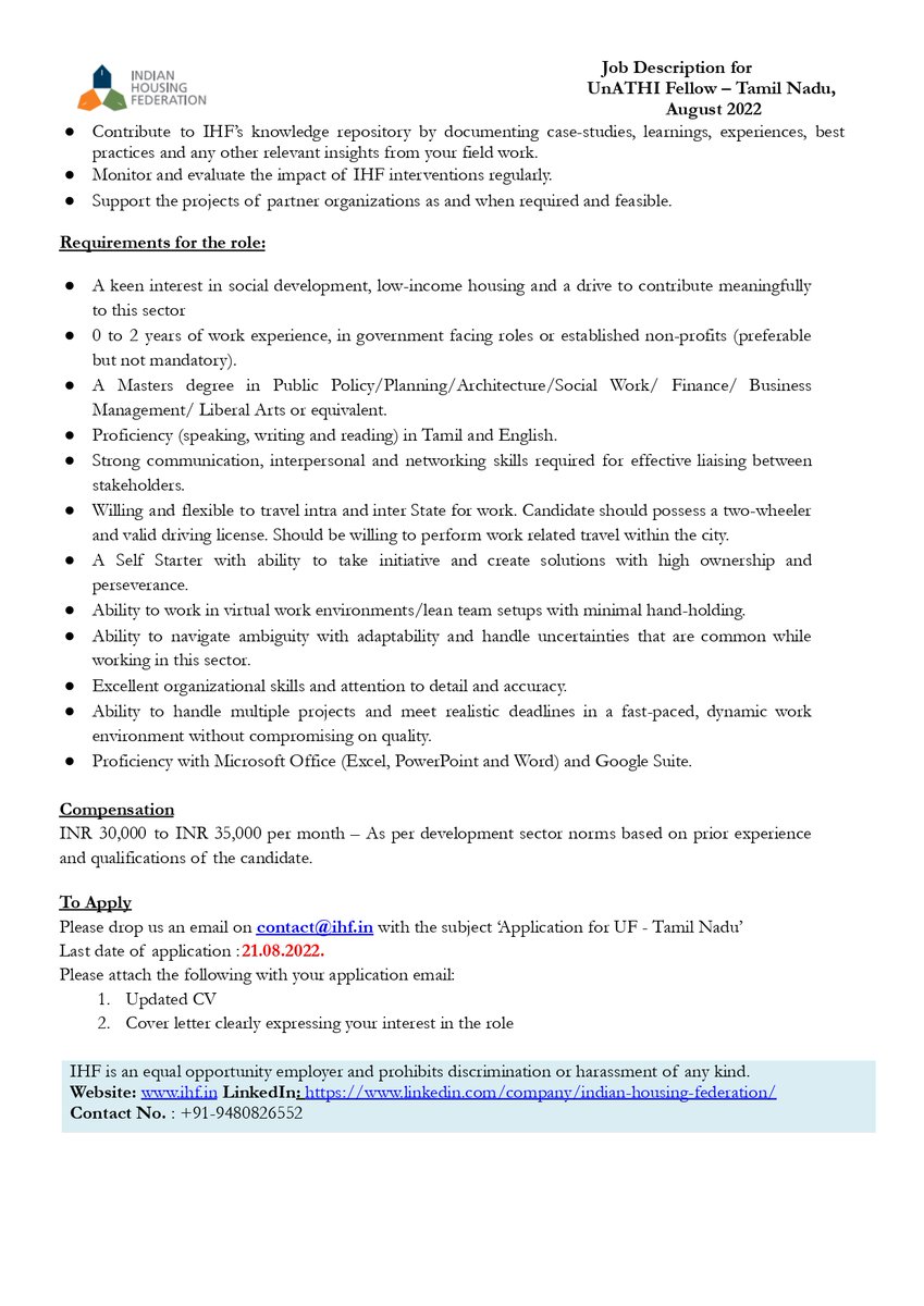 HousingFed_IN's tweet photo. We are #hiring at IHF!

If you are interested in urban #affordablehousing, committed to #socialimpact and willing to learn from #immersive experiences, apply for the position of UnATHI Fellow - Tamil Nadu.
 
Apply by: 21 August 2022.
Visit: https://t.co/Y79zBDDvqt

Details below! https://t.co/pNzWE3ZvhA