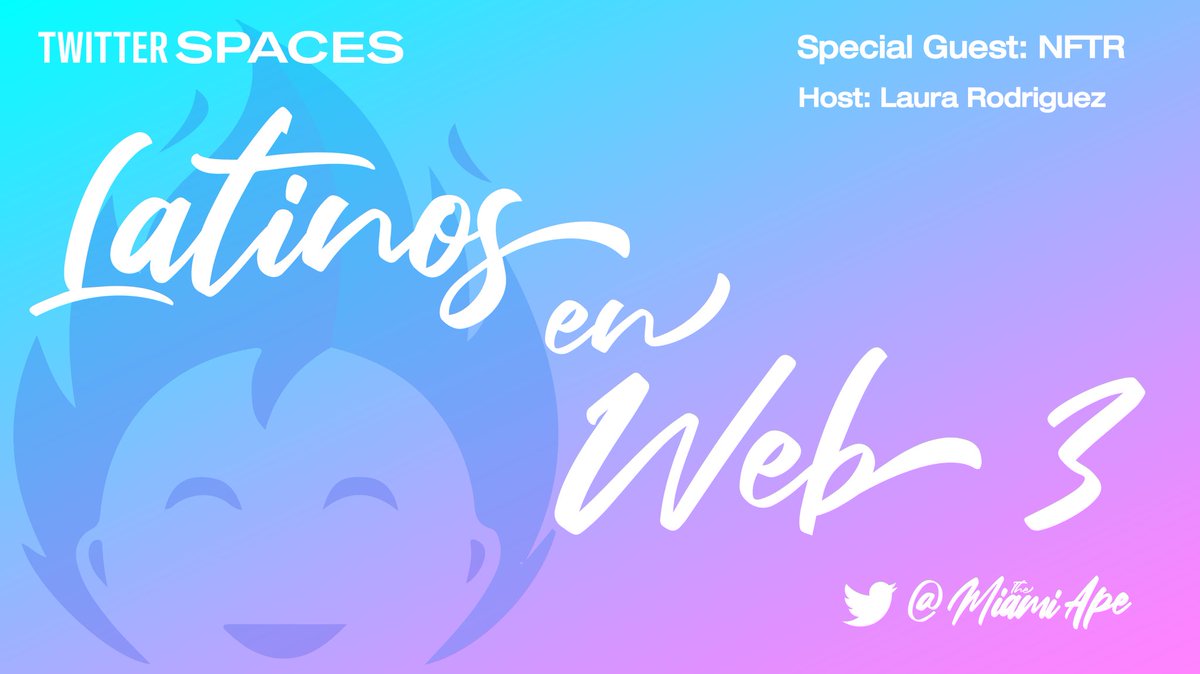 🎙TheMiamiApe Space: Latinos en Web3 in Spanglish. 

Join me &amp; the community this Monday at 1:00PM EST💥

Ft. Latino founder of <a href="/NFT_Registry/">NFTR: NFT Identity Registry</a> the universal NFT naming registry on Ethereum! EVERYONE IS WELCOME💛

Set your alarm here🔔👇🏼
 x.com/i/spaces/1RDGl…
