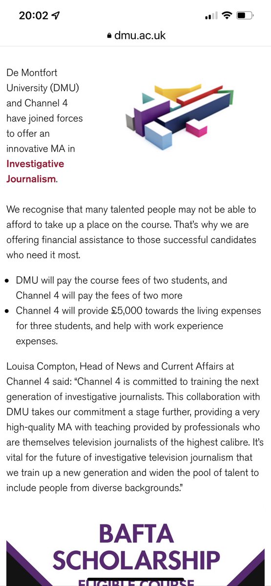 Do you want to be an investigative journalist? Really proud that <a href="/C4Dispatches/">Channel 4 Dispatches</a> sponsors places on De Montford Uni’s masters course for those who can’t afford it.
If you’re interested here’s the link…deadline Aug 26th *Pls RT* #publicservicejournalism 
dmu.ac.uk/study/courses/…