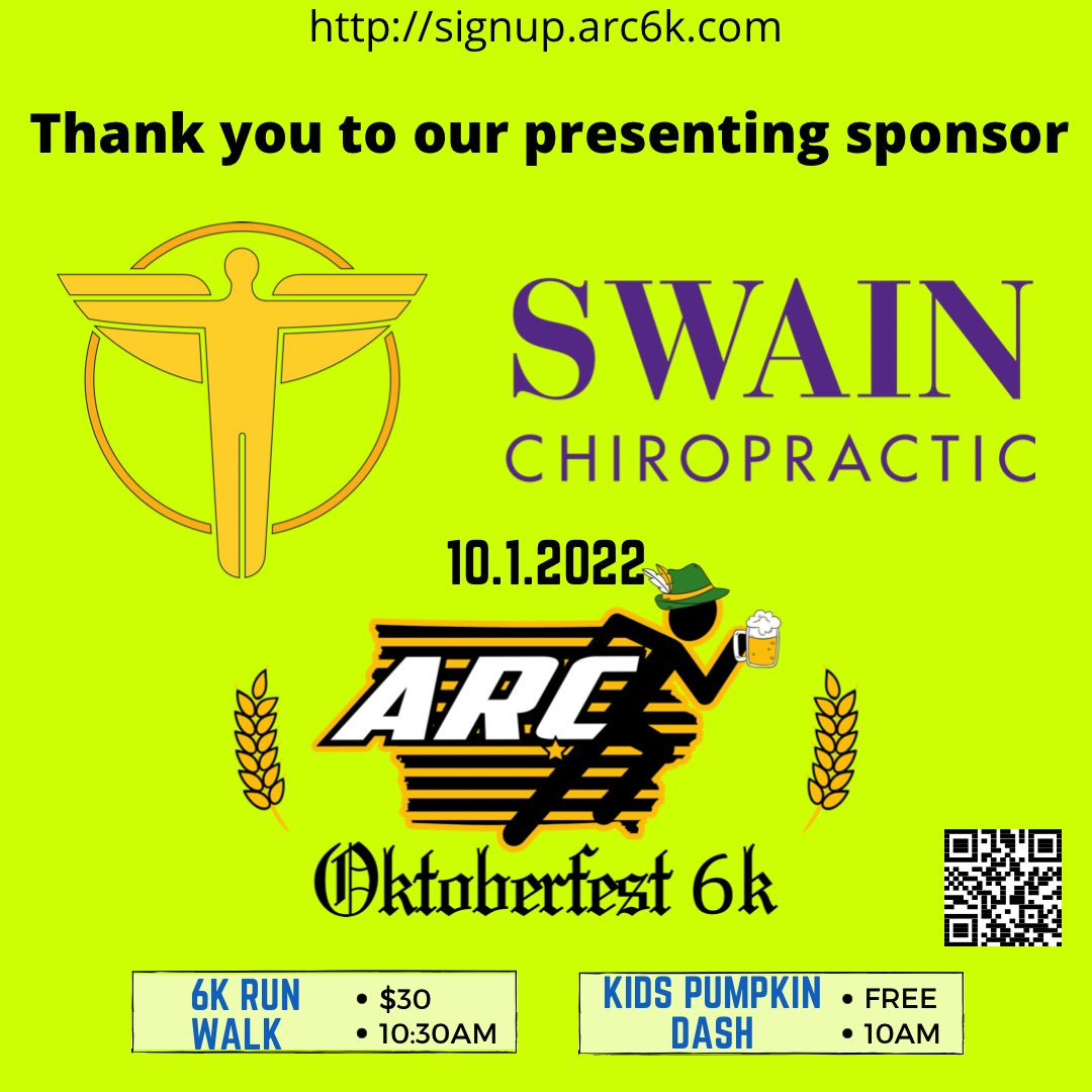 We couldn't put on the ARC Oktoberfest 6k without the support of great sponsors. Our presenting sponsor and biggest supporter is Swain Chiropractic. Dr. Kari and her staff are great to work with and help make this all possible for Altoona. signup.arc6k.com #ARCOktoberfest