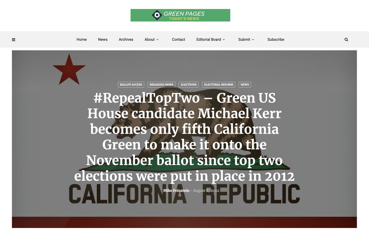 mikefeinstein's tweet photo. #RepealTopTwo – Green US House candidate Michael Kerr becomes only 5th California Green @gpca to make it onto Nov ballot since #toptwo elections were put in place. By Mike Feinstein, @GreenPages, Newspaper of @GreenPartyUS #caleg #capolitics #caelections https://t.co/YTuChV3w0r https://t.co/eDDz8iW0oB