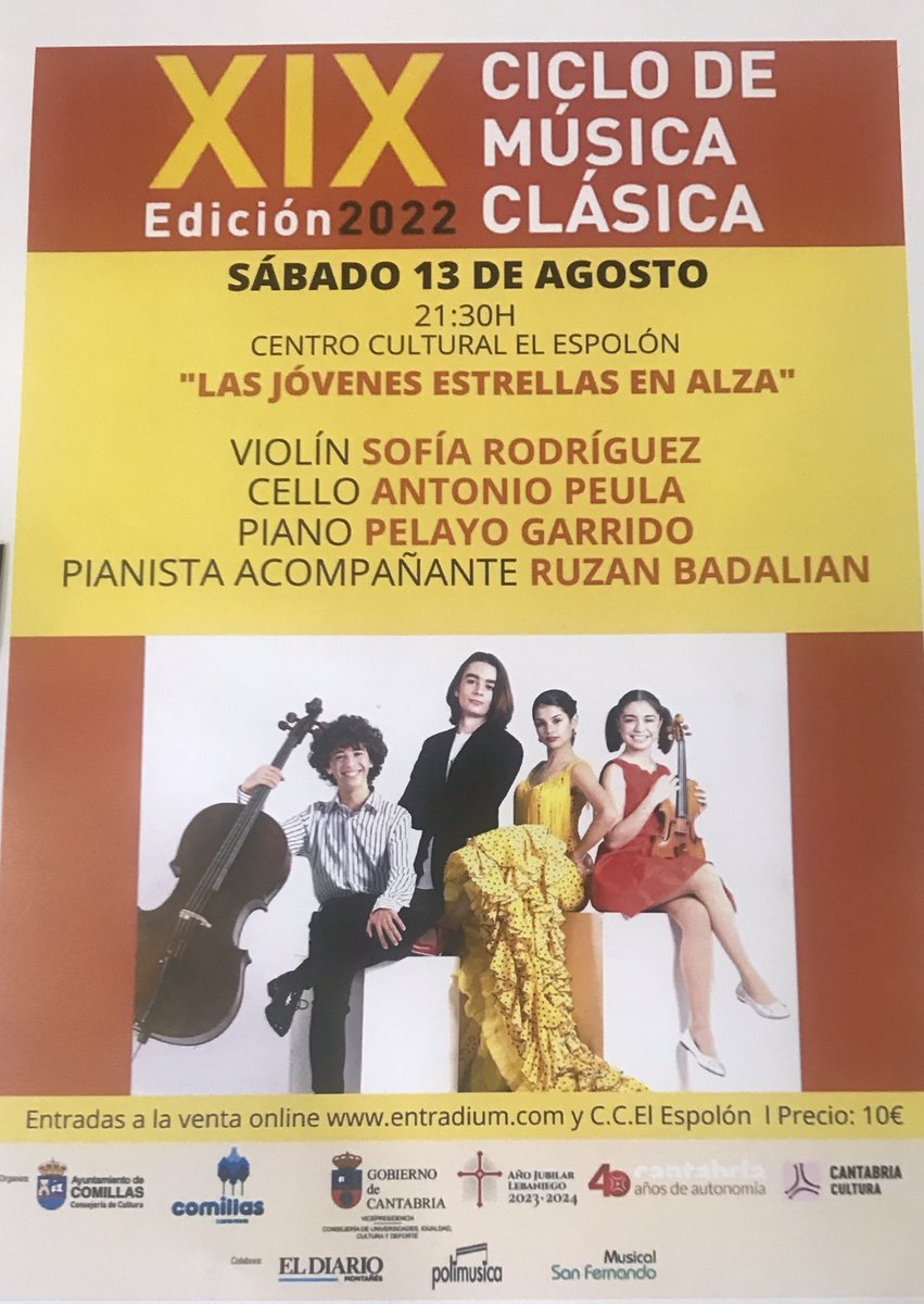 FJKAN74's tweet photo. En 15’ comienzan “Las jóvenes estrellas” de los CAPRICHOS MUSICALES en #Comillas con el cartel de la imagen.
Solo por el ensayo de Sofía Rodríguez (campeona de #prodigios5) con su violín va a ser MARAVILLOSO 😍
@ComillasTurismo @AraMalikian #Musicaclasica https://t.co/nNE0xE9NGJ