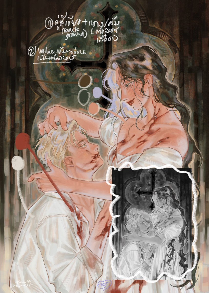 aturmercy's tweet photo. วิธีการลงสีแบบมั่วซั่วของเราค่ะ555555 ส่วนใหญ่จะใช้ทริตสีคู่ตัดกัน แนะนำให้ใช้สี boldๆสดๆไปเลย ถ้าอยากให้ภาพมีความ vibrant  แต่ยังไงก็อยู่ที่สีรอบๆด้วยค่ะ อย่างภาพแรกจะเห็นว่าจิ้งสีออกมาก็ไม่ได้สว่างอะไร แต่เพราะสีรอบๆซีด ตัวละครเลยเด่นขึ้นมาค่ะ🤩 https://t.co/78isfQrRvm
