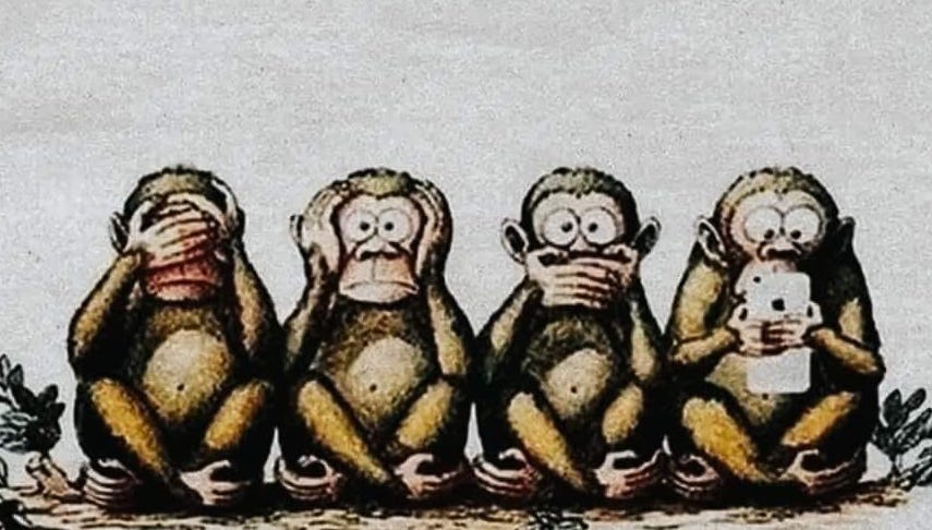 Finally the 4th ape. He sees nobody, hears nobody and speaks to nobody.