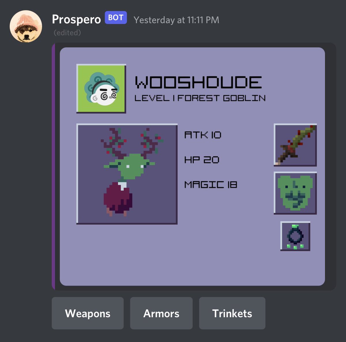 cozyconstruct's tweet photo. player inventory customization! now im just procrastinating boss combat 😖 the first alpha for Goblin Combat: The Goblin Wilds is almost ready though! #indiegame #indiedev #IndieGameDev #Discord #Python #bot https://t.co/2HxMvpW4tj