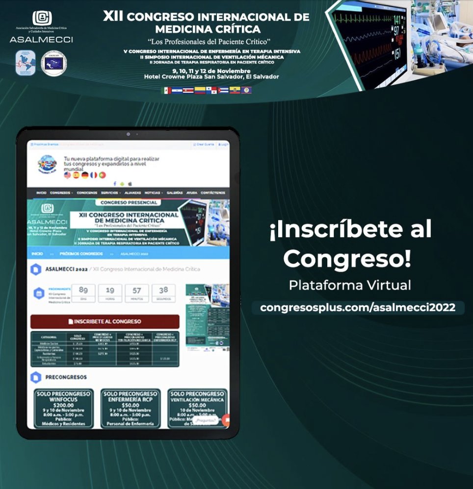 COCECATI's tweet photo. Te compartimos la plataforma en la que podrás inscribirte en el XII Congreso Internacional de Medicina Crítica a desarrollarse del 09 al 12 de nov del 2022. 👉 ¡Inscríbete hoy!
https://t.co/oId929pL16
#asalmecci #medicinacritica #congresosplus #elsalvador #congresointernacional https://t.co/0AHibVtsF0