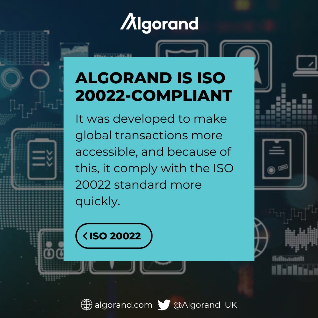 Algorand_UK's tweet photo. ISO 20022 protocol is a standard for electronic data interchange between financial services in the payment industry and is now being used by over 70 countries.

In this new quantum financial system, any third party that wants to interact with banks must be able to use this format https://t.co/Ygs1EQ9Cq4