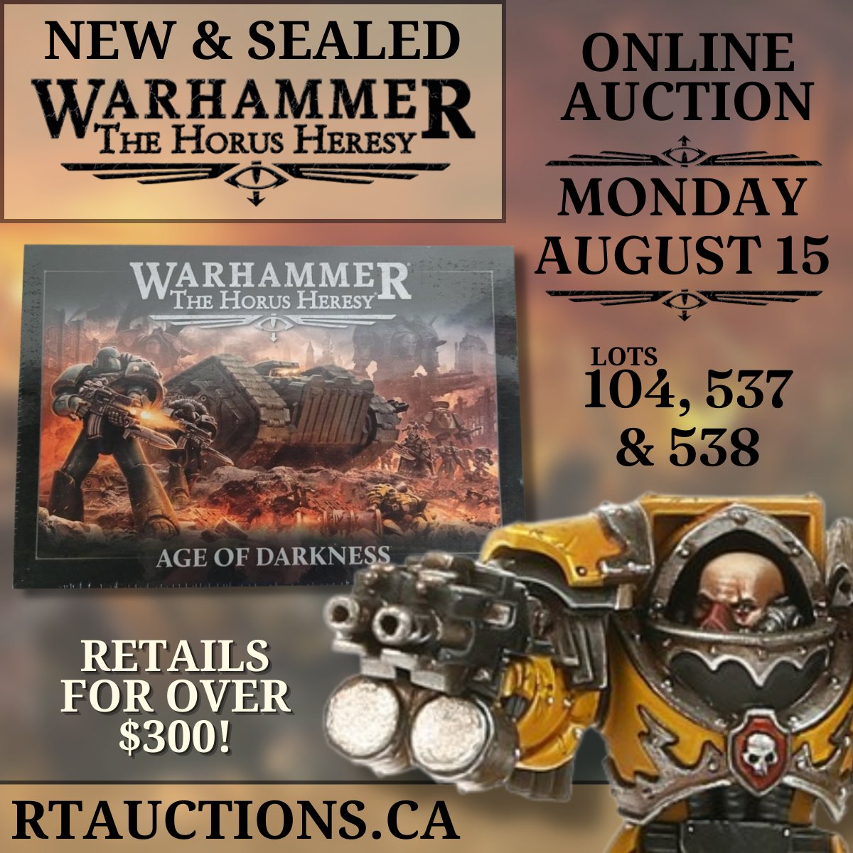Don't miss these hot lots in our Monday August 15th online auction! We have New SEALED Warhammer: The Horus Heresy up for auction:

rtauctions.hibid.com/lots/?q=warham…

#rtauctions #yesweship  #onlineauction #warhammer #horusheresy #warhammerforsale #warhammercommunity #miniaturepainting