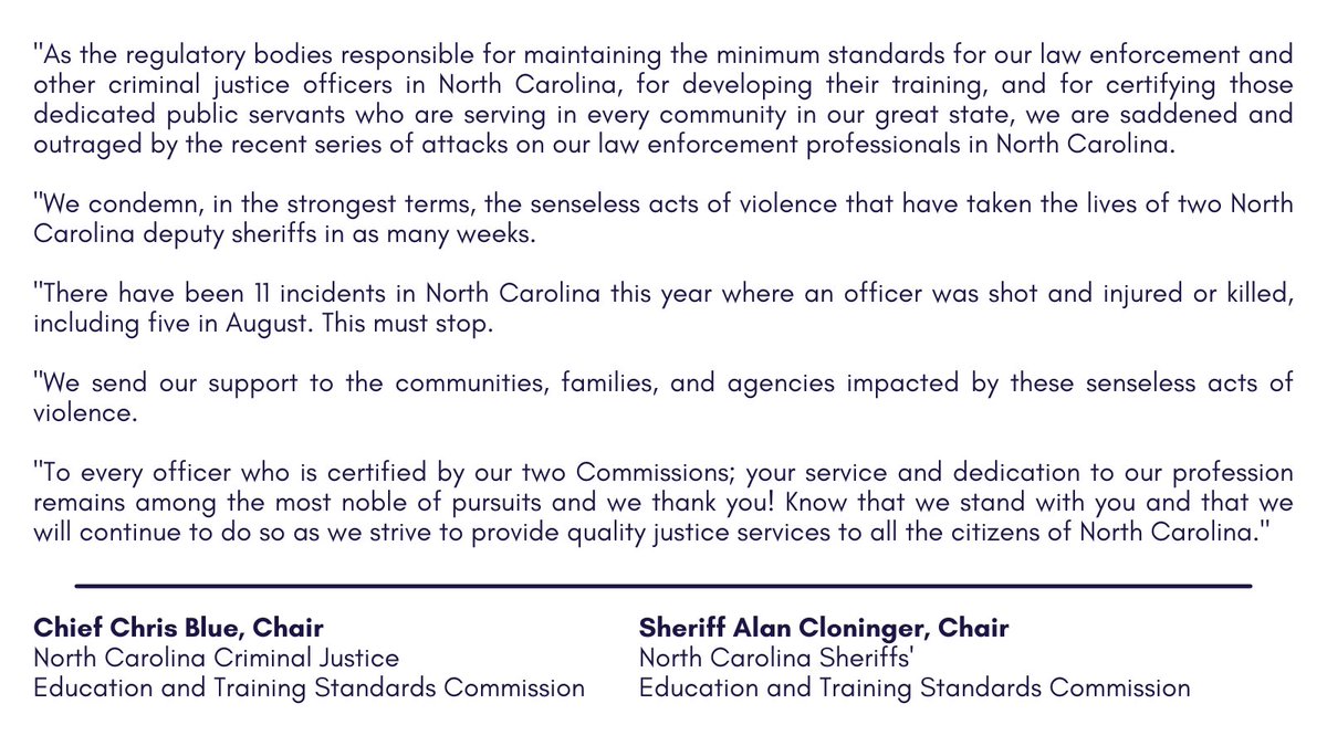 NCAGO's tweet photo. The North Carolina Criminal Justice Education and Training Standards Commission and the North Carolina Sheriffs’ Education and Training Standards Commission today released a statement in response to attacks on law enforcement officers in North Carolina: https://t.co/RtyHoYqw40 https://t.co/UbH7dMUWHY
