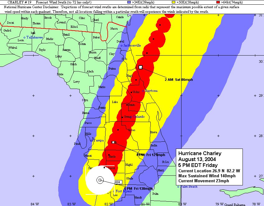 Charley's wind swath from 2004.  The red denoting hurricane force winds that encompassed the heart of central Florida that night.   #HunkerDown.  <a href="/WFTV/">WFTV Channel 9</a>