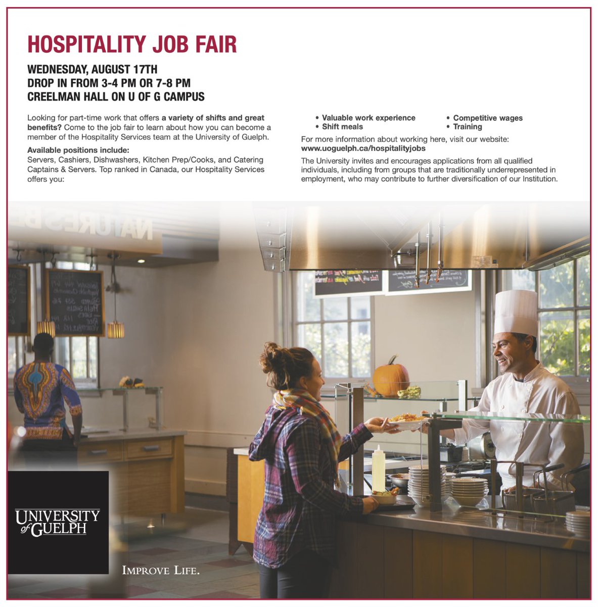 HospitalityUofG's tweet photo. Hey #FutureGryphon’s! Need a job while at #UofG? We’re hosting a Hospitality Job Fair at Creelman Hall, Wednesday Aug 17th from 3-4 pm &amp; 7 - 8 pm.

For more info visit https://t.co/TZqv6Z5jkZ 
We can’t wait to meet you!

#UofGCampusFood #Guelph #UofG #Jobs #Food #Work #workforce https://t.co/oD1ta8wHUB