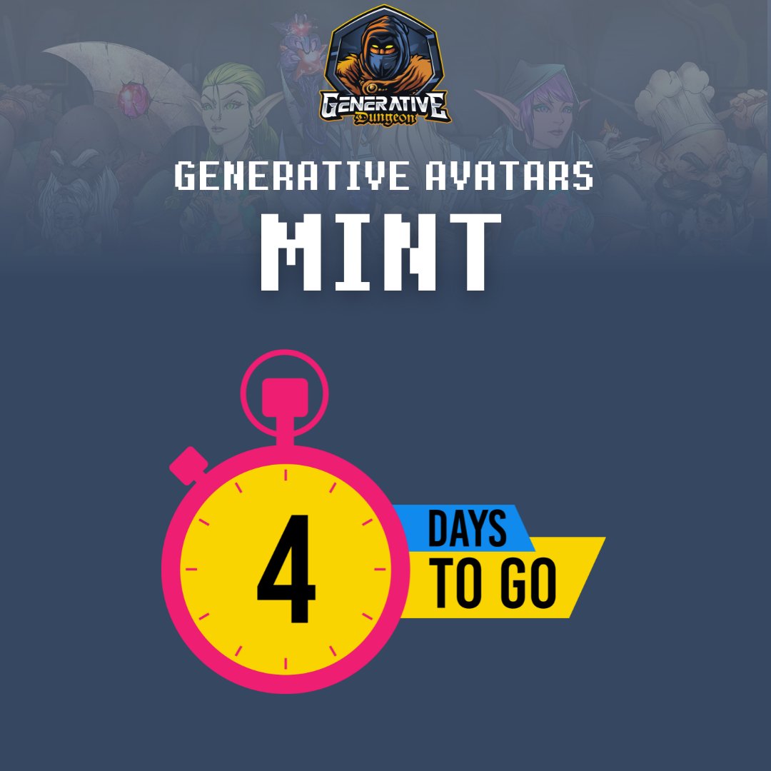 📢 4 Days to Go Until the Generative Avatars Mint!

👉 For mint details, check out the pinned post.

❌ If you don't have a #Whitelist spot, check out the Premint raffle.

✅ If you have a #WL spot, don't forget to submit your wallet!

#NFT #GenerativeDungeon #PlayableNFT