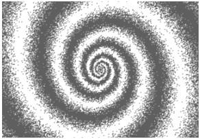 8bitChipBits's tweet photo. #つぶやきProcessing draw=_=>{createCanvas(319,199);g=createGraphics(319,199);for(x=1;x<161;x+=1) {for(y=-100;y<101;y+=1){w=atan(y/x);r=sqrt(x*x+y*y);h=0.5+0.5*(sin(2*w+log(r)*10));if(h<random(1)){}else{g.point(160-x,100+y);g.point(159+x,99-y);}}}image(g,0,0,319*.9,199);noLoop();} https://t.co/C91sGCxsXR
