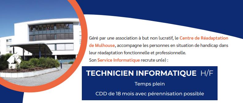 #RECRUTEMENT 🔎💼 | Le CRM recherche, pour son service informatique : un technicien informatique, H/F !

Pour retrouver l'offre détaillée ➡️ arfp.asso.fr/medias/espace%…

👉 CV et votre lettre de motivation :
- recrutement@arfp.asso.fr
ou
- 7 boulevard des Nations, 68093 Mulhouse
