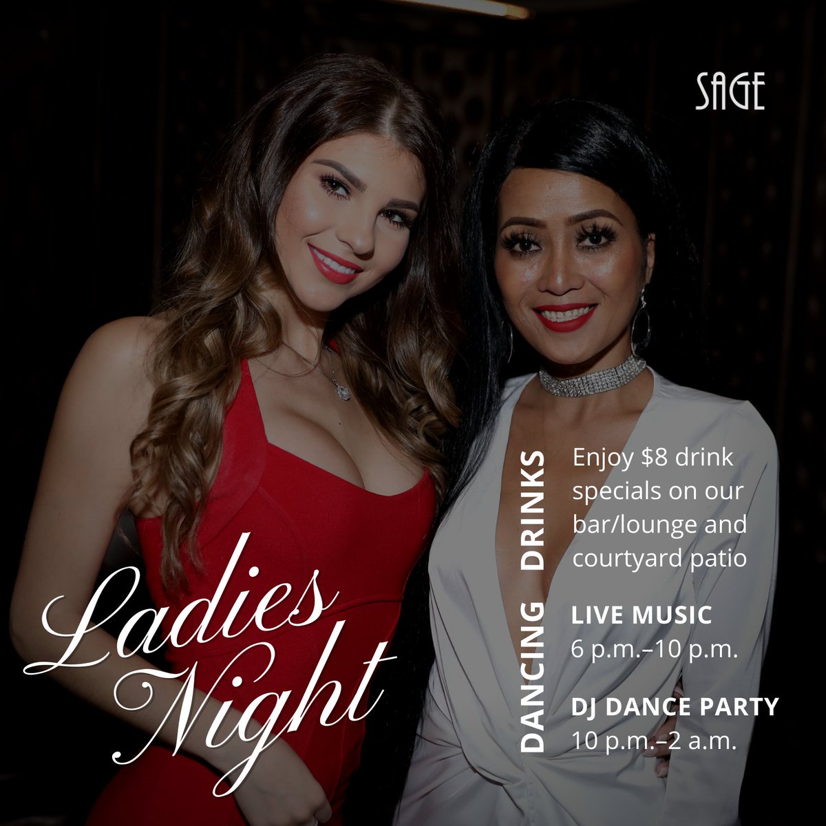 SagePerimeter's tweet photo. Fridays and Saturdays are Ladies Night at Sage!

🍹 $8 drink specials
🎷 Live music
🎶 DJ Dance Party

Come dance the night away 💃

#ladiesnight #nightlifeatlanta #atlantanights #atlantarestaurant #atlantaeats #sagewoodfiretavern #atlantaga #cocktails #dunwoodyga #perimetermall https://t.co/T35VyKAge5