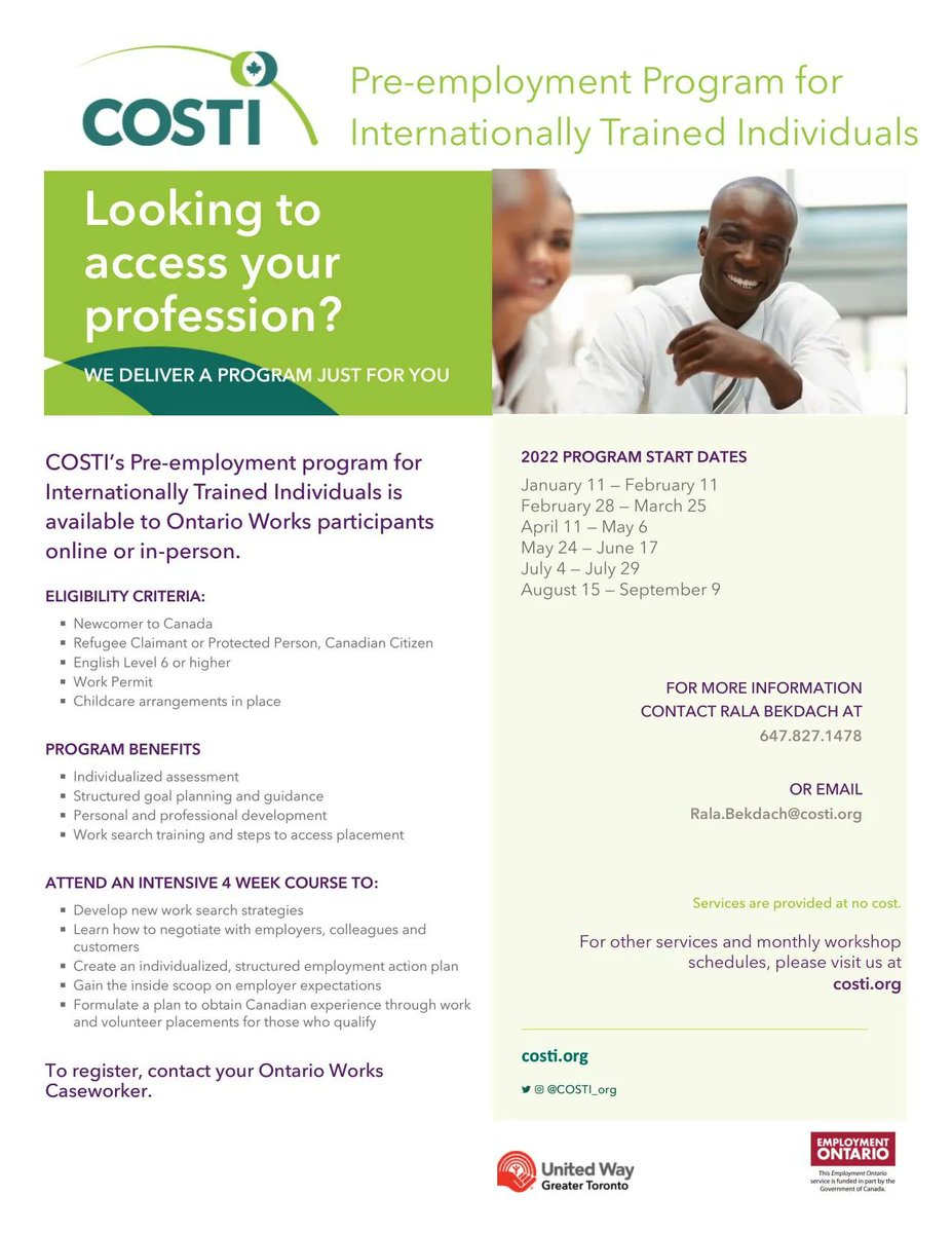 COSTI_org's tweet photo. COSTI’s free & #virtual #PreEmploymentProgram for #InternationallyTrainedIndividuals is available to #OntarioWorks participants.
Next batch: Aug 15 to Sep 9.
To register, contact 647.827.1425 or rala.bekdach@costi.org.
#COSTIEmploymentServices https://t.co/1SsZnuYSuw