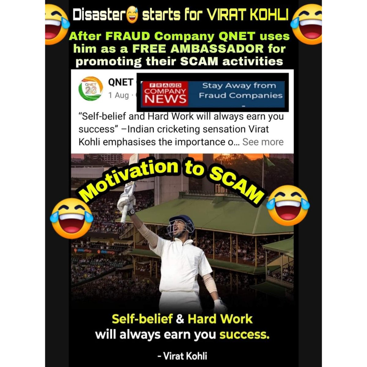 Ananth25955752's tweet photo. @deepakchaurasiy @sushantsinha @republic
#QnetScam - #Disaster  starts for star performer #ViratKohli as
Scam Company #QNET uses him as a free brand ambassador for their Scam promotion to ruin youngsters
Always share 
https://t.co/MT1R2GwCAS
 #BanQnet #GoldQuestScam #QUESTNETSCAM https://t.co/BZDnc88Eij