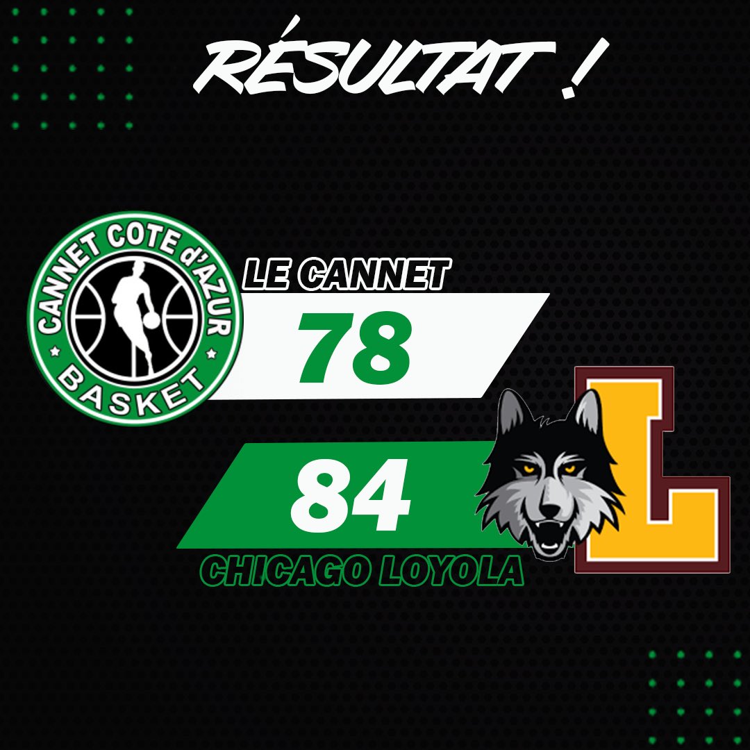 Fin d’un match serré jusqu’au bout face aux Loyola Chicago. 

Prochain rendez-vous pour l’équipe lundi à Marseille face au SMUC ! ⚡️

#ffbb #lecannet #frenchriviera #basketball #basketball