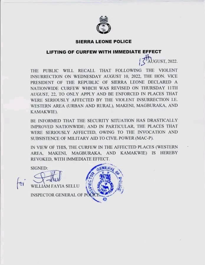 Curfew lifted with immediate effect in Sierra Leone