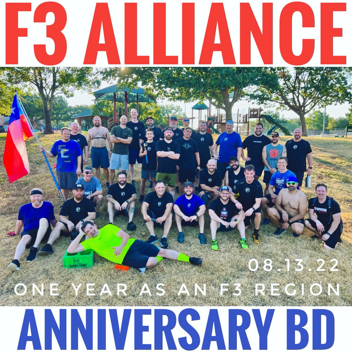 F3Alliance's tweet photo. CELEBRATING 1 YEAR as a region of @F3Nation &amp; 2 years since launching #ao_the_bunker 🏆🏆

We celebrated through FITNESS, FELLOWSHIP &amp; FAITH! 32 PAX posted for our special convergence 6:30-8am beatdown!
#f3alliance #anniversary #fitnessfellowshipfaith #f3nation #ironsharpensiron https://t.co/XDO92xBOmU