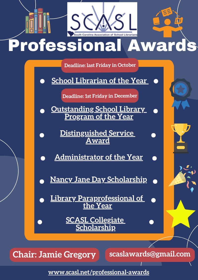 SCASLNet's tweet photo. We know you’ve all got a great librarian, administrator, or paraprofessional that you can nominate for one of SCASL’s Professional Awards!   Start working on your applications now so you’re ready to submit before the due date. More info can be found at https://t.co/QcuYtK3yuY https://t.co/eD9eWaVISD