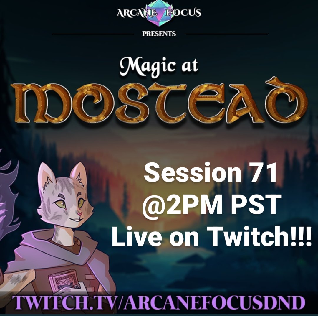 Come join us for Ep. 71 of Magic@Mostead live on <a href="/twitch/">Twitch</a> !

<a href="/mikeogame/">Mike Ortiz</a>
<a href="/silversphinx/">Harish Suryanarayana</a>
@Black_Cat_Mama
<a href="/MegabitSteve/">MegabitSteve</a>

Twitch:twitch.tv/arcanefocusdnd…

#dndcommunity #dndcharacters #dnd #dndcampaign #dndstreamer #dnd5e #magicatmostead #twitch #dndlife #arcanefocusdnd #foundry