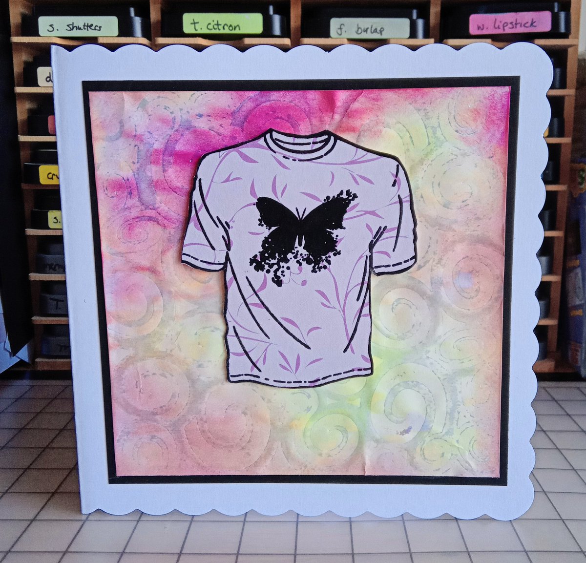 by_maxine's tweet photo. I'm so pleased with how this turned out. Beautiful bright distress inked background with stencil detail. 
The butterfly &amp; T-Shirt are heat embossed for a raised/shiny look &amp; feel.
#HandcraftedByMaxineB
#SupportSmallBusiness #Handmadecardsforsale #VisibleImage #VisibleImageStamps https://t.co/1XmzYIlPA5